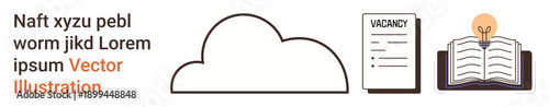 Cloud storage, education, innovation, digital solutions, job search, information sharing. A cloud symbol, a vacancy document and an open book with a lightbulb. Cloud storage and education