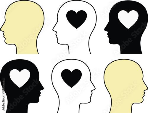 Human head emotion icons set featuring heart symbols inside profiles representing love empathy mental health psychology concepts