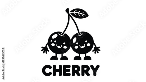 Two cartoon cherries with smiling faces and leaf on white background