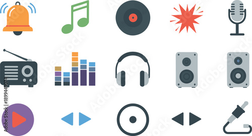 Audio and Music Player Icon Set with Sound Controls, Speakers, Headphones, Media Playback, Recording, and Broadcasting Symbols for Apps and Web Design