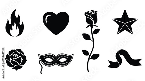 Black icons of flame, heart, rose, star, and masquerade on white background