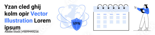 Person pointing at calendar, VPN shield with world map connecting users globally. Ideal for internet safety, scheduling, data encryption, global connection, productivity tools, planning apps, simple