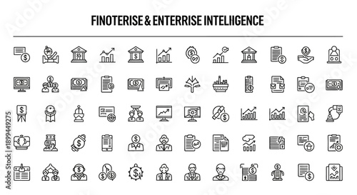 Financial Technology and Enterprise Intelligence Icons: Business Growth, Banking, Data Analysis