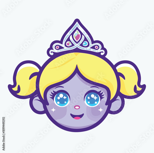 Princess Girl Cartoon – Purple Complexion Character with Blonde Pigtails, Sparkly Eyes, and Colorful Jeweled Tiara in Whimsical Fantasy Style