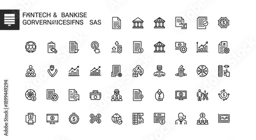 Financial Technology Icons Set: Fintech, Banking, Data, Growth, Security