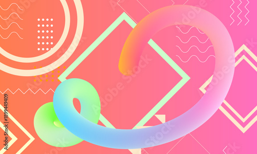 blue pink green orange stripes lines  wave curves with geometrics shape funny style abstract background