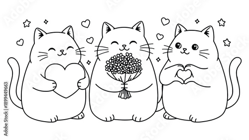 Three cute cartoon cats holding hearts and flowers on white background