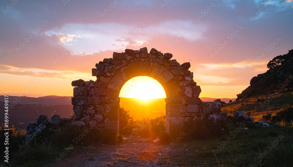 Fototapeta premium Old stone arch in wild nature, glowing sunset sky behind, mystical portal vibe, ancient ruins, breathtaking