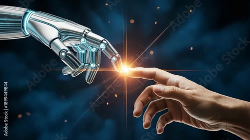 Human and robot hands touching with glowing connection between them