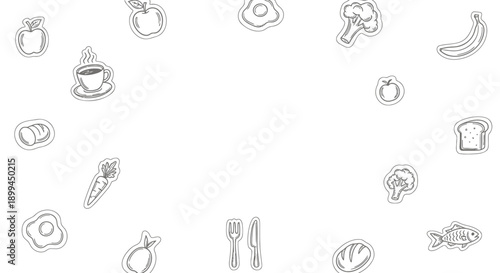 Various food and drink icons arranged in a circular pattern on white background