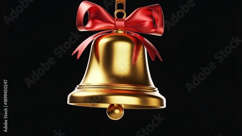 Golden Christmas bell with elegant red bow on black background