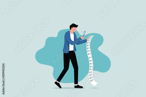 The concept of bill payment, cost and expense analysis for business or personal finance, a businessman uses a magnifying glass to analyze the expense budget on a long bill receipt paper.