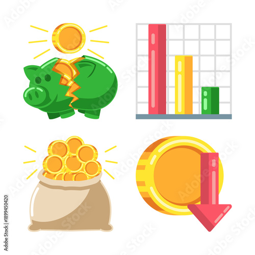 Broken Piggy Bank, Financial Report, Money Loss, Coin Crisis flat color icons set. Business and Finance element design pack. Investment decline theme