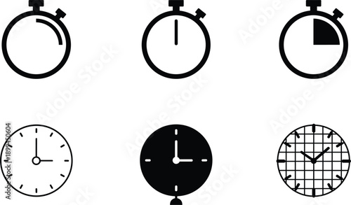 Stopwatch and clock icons set featuring timers, countdown, and time measurement symbols in outline and solid styles