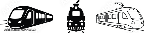 Train and railway transport icons set featuring modern metro, steam locomotive, and high speed train silhouettes design