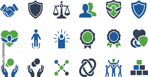 Trust and Security Icon Set with Protection Shields, Partnership, Justice, Care, Community, and Corporate Responsibility Symbols for Business and Nonprofit Designs