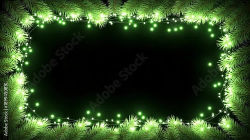 Christmas tree branches with glowing green fairy lights frame