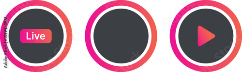 Three circular one live streaming one blank one play button pink