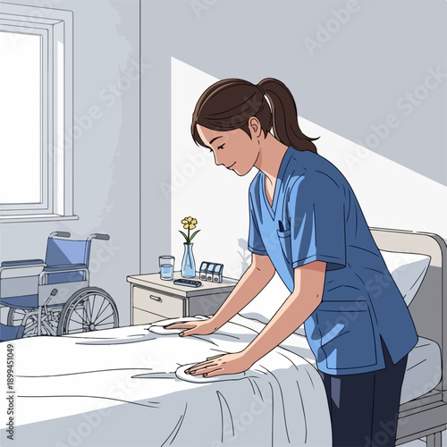 Caring nurse making bed in bright hospital room, preparing for patient admission. Medical professional carefully arranges white linens on empty hospital bed, ensuring hygiene and comfort.