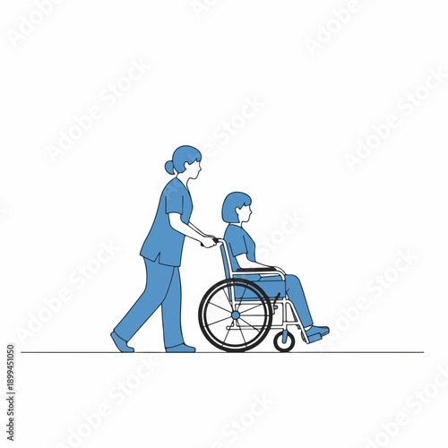 Healthcare professional providing wheelchair assistance to patient. Medical worker offers essential wheelchair assistance, ensuring mobility and support for individual.