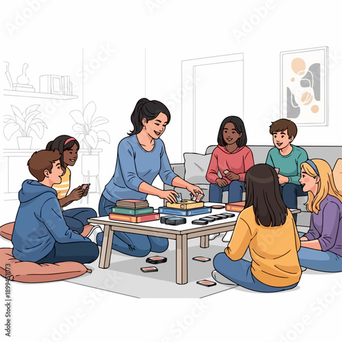 Group enjoys board game on coffee table in cozy living room setting. Diverse young friends and adult woman engage in strategic board game activity, fostering connection.