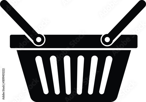 Black shopping basket with rounded handles and slatted sides white background commerce