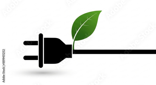 Electric plug with a green leaf attached viewed from the side against a clean background