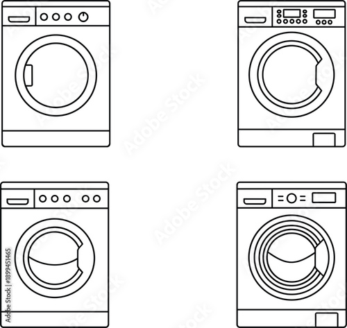 Washing machine outline icons set featuring front load laundry appliances for home cleaning household equipment concepts design