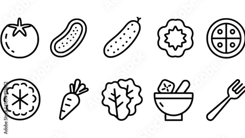 Black and white line art of various vegetable and food icons