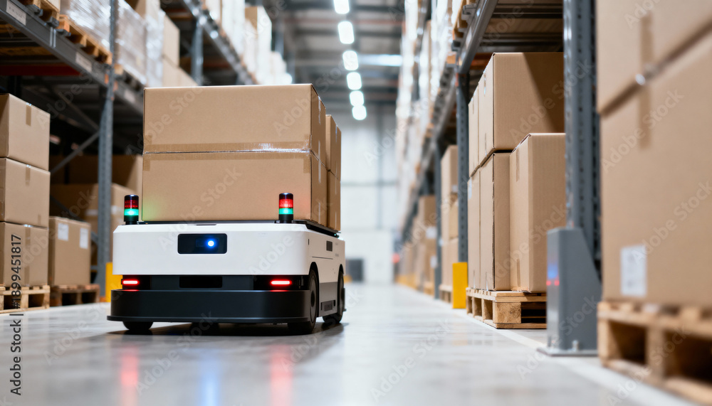 Fototapeta premium An autonomous mobile robot transports stacked boxes down a high-rack aisle in a modern automated warehouse.