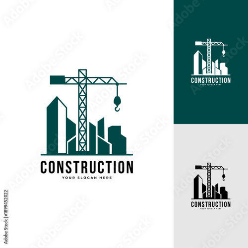 construction company logo design featuring teal tower crane and building silhouettes with professional minimal branding style