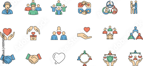 Community and Teamwork Support Icon Set with People Connection, Helping Hands, Love, Unity, and Collaboration Symbols for Social and Nonprofit Designs