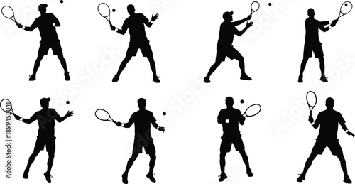 Tennis players in various dynamic poses with rackets and balls black silhouettes on white background sports and athleticism concept