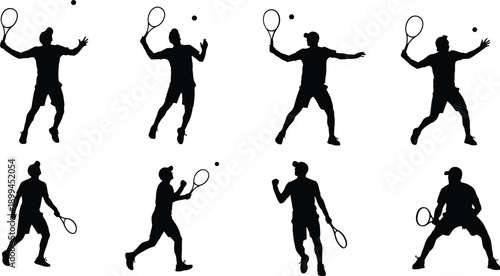 Tennis players in dynamic poses with rackets and balls in black silhouette on white background for sports and fitness concepts