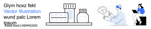 Telemedicine, medication tracking, virtual healthcare, brain science, online education, digital learning. Pills, bottles brain scan remote worker. Telemedicine and medication tracking illustration
