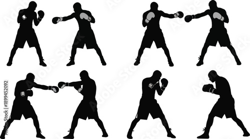 Boxer silhouettes in various fighting stances on white background showcasing dynamic movements and combat sports actions
