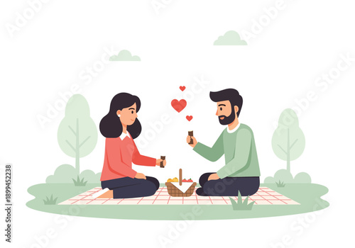 A couple enjoying a romantic picnic outdoors, sharing a toast with drinks, surrounded by nature and love hearts.