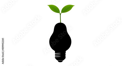 A black light bulb with a green sprouting plant inside, symbolizing innovation and eco-friendly technology, viewed from the front.