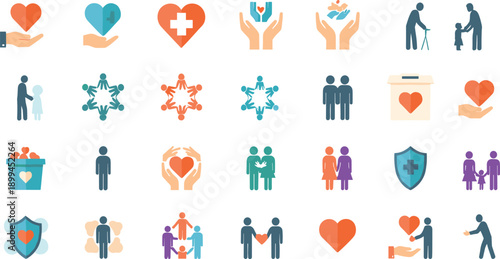 Healthcare and Family Support Icon Set with Caregiving, Protection, Love, Charity, and Community Symbols for Medical Services, Nonprofit Projects, and Social Designs