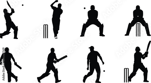 Cricket players in various poses running batting and bowling in black silhouette on white background