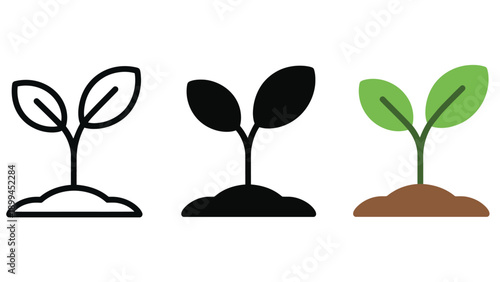Three plant saplings growing in soil with different color styles