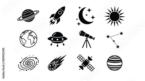 Black and white space icons including planets and stars