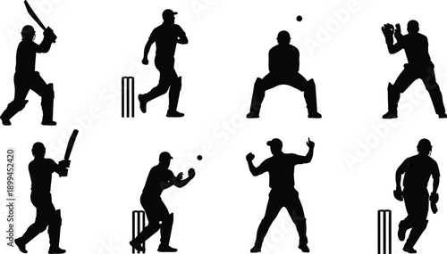 Cricket players in various poses black silhouettes on white background sports and recreation concepts