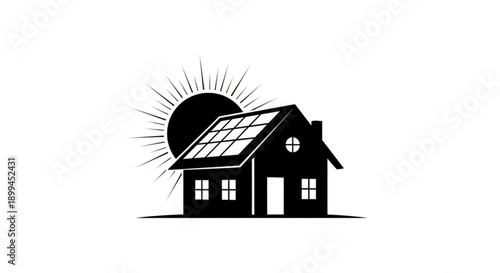 Simple black house illustration with solar panels on the roof under a shining sun