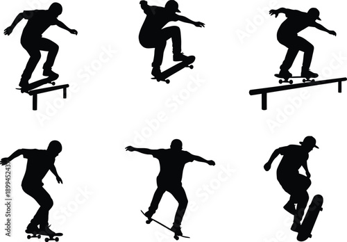 Skateboarders in various poses and tricks silhouetted against a white background performing stunts and actions