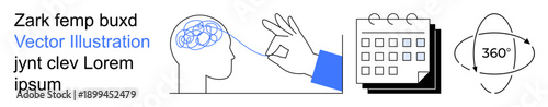 Neuroscience, mental health, time management, organization, conceptual visualization, full perspective. A hand interacting with a brain, a calendar and a 360-degree view orbit icon. Neuroscience