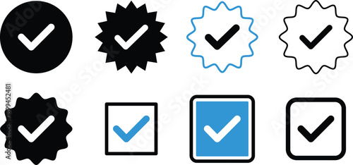 Collection of eight checkmark in black blue and white variations tick symbol