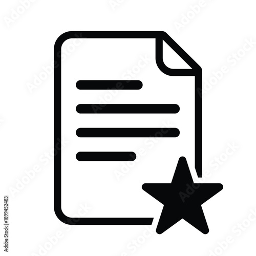 Black and white document favorite icon with star symbol. Simple outline vector representing bookmarked files, important documents, featured content, rating system and priority selection in digital app