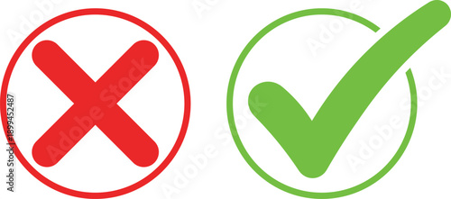 Red cross mark in circle and green check mark in circle on white background x mark tick