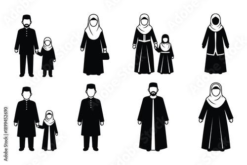 arabic people family members in different poses and outfits standing alone or in pairs on white background